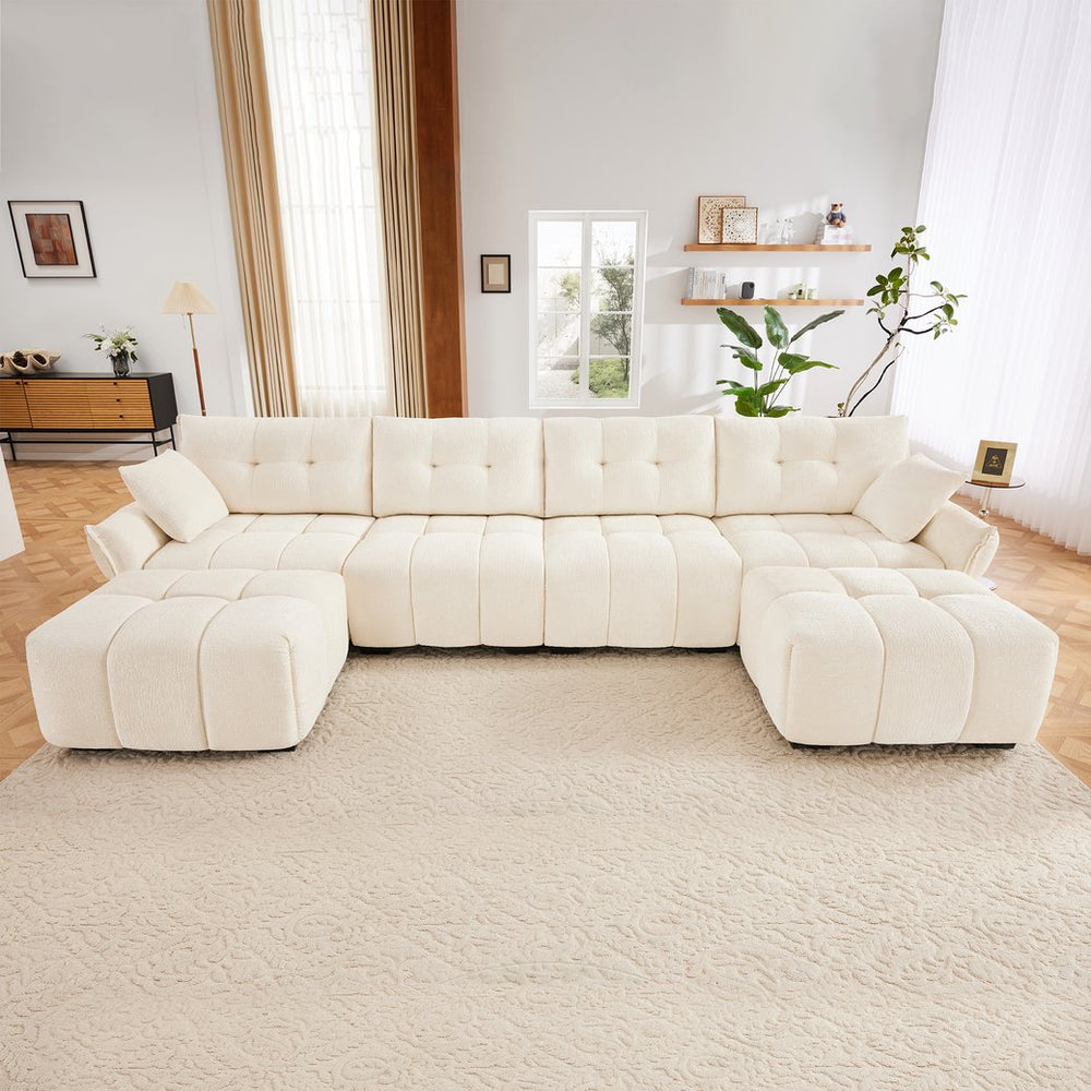 English Elm 4-Seater modular chenille sofa set with ottomans, tufted design, high-resilience cushions, durable wood frame White W714S01142