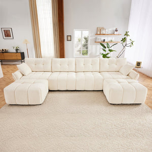 English Elm 4-Seater modular chenille sofa set with ottomans, tufted design, high-resilience cushions, durable wood frame White W714S01142
