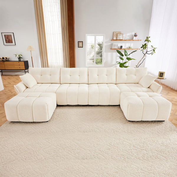 English Elm 4-Seater modular chenille sofa set with ottomans, tufted design, high-resilience cushions, durable wood frame White W714S01142