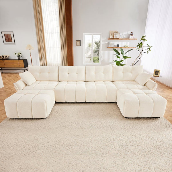 English Elm 4-seater Chenille Sofa Set with Ottomans Solid Wood Frame Tufted Living Room White W714S01658