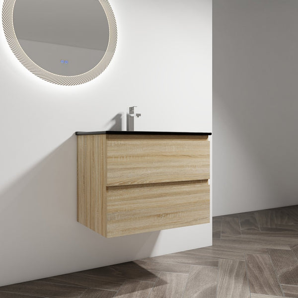 English Elm 30" Wall-Mounted Bathroom Vanity With Black Sink, Soft-Close Drawers, Modern Space-Saving Design W999S00194