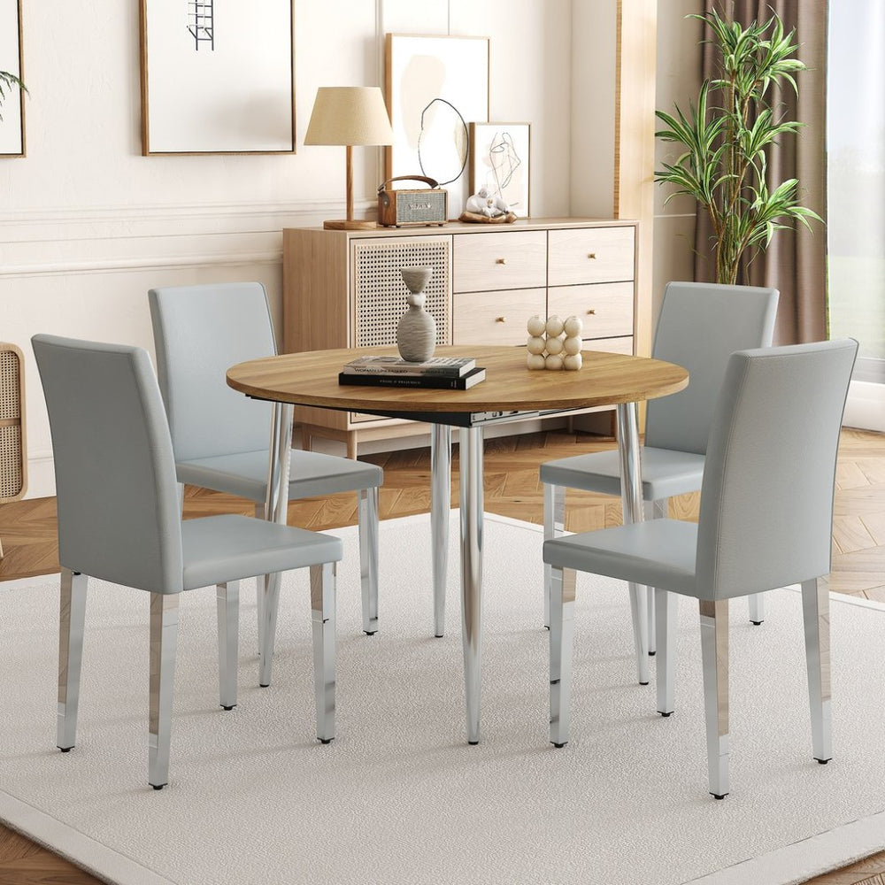 English Elm Table Set Extendable Round to Oval Wood Grain Top with Four Gray Pu Dining Chairs W1151S04833