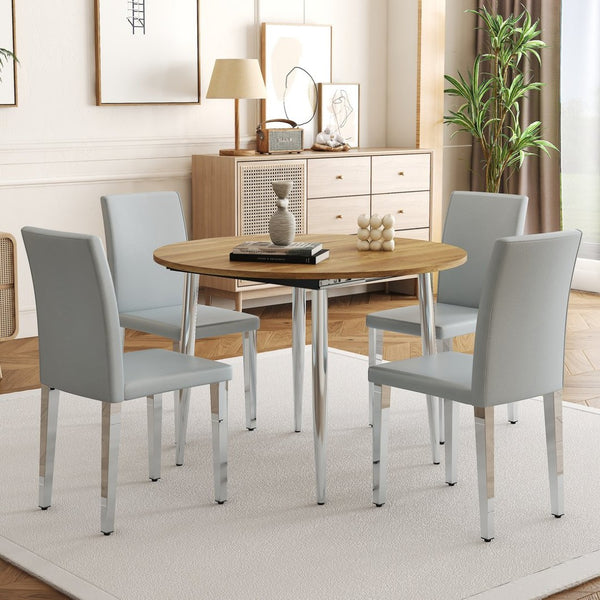 English Elm Table Set Extendable Round to Oval Wood Grain Top with Four Gray Pu Dining Chairs W1151S04833