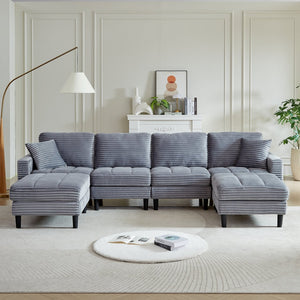 English Elm 122.5-Inch Oversized U-Shaped Modular Sofa Corduroy Sectional with Double Chaise, Ottoman, Pillows and Plastic Legs Grey W1193S00123