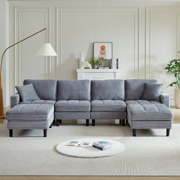 English Elm 122.5-Inch Oversized U-Shaped Modular Sofa Corduroy Sectional with Double Chaise, Ottoman, Pillows and Plastic Legs Grey W1193S00123