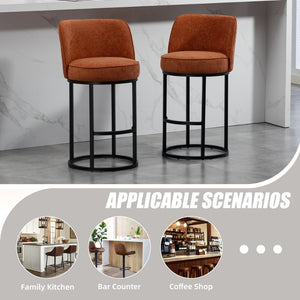 English Elm Counter Height Barstools Set of 2 Linen Upholstered Barrel Seat with Iron Legs Orange W395P410432