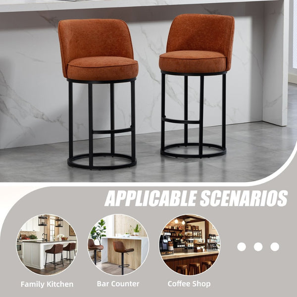 English Elm Counter Height Barstools Set of 2 Linen Upholstered Barrel Seat with Iron Legs Orange W395P410432