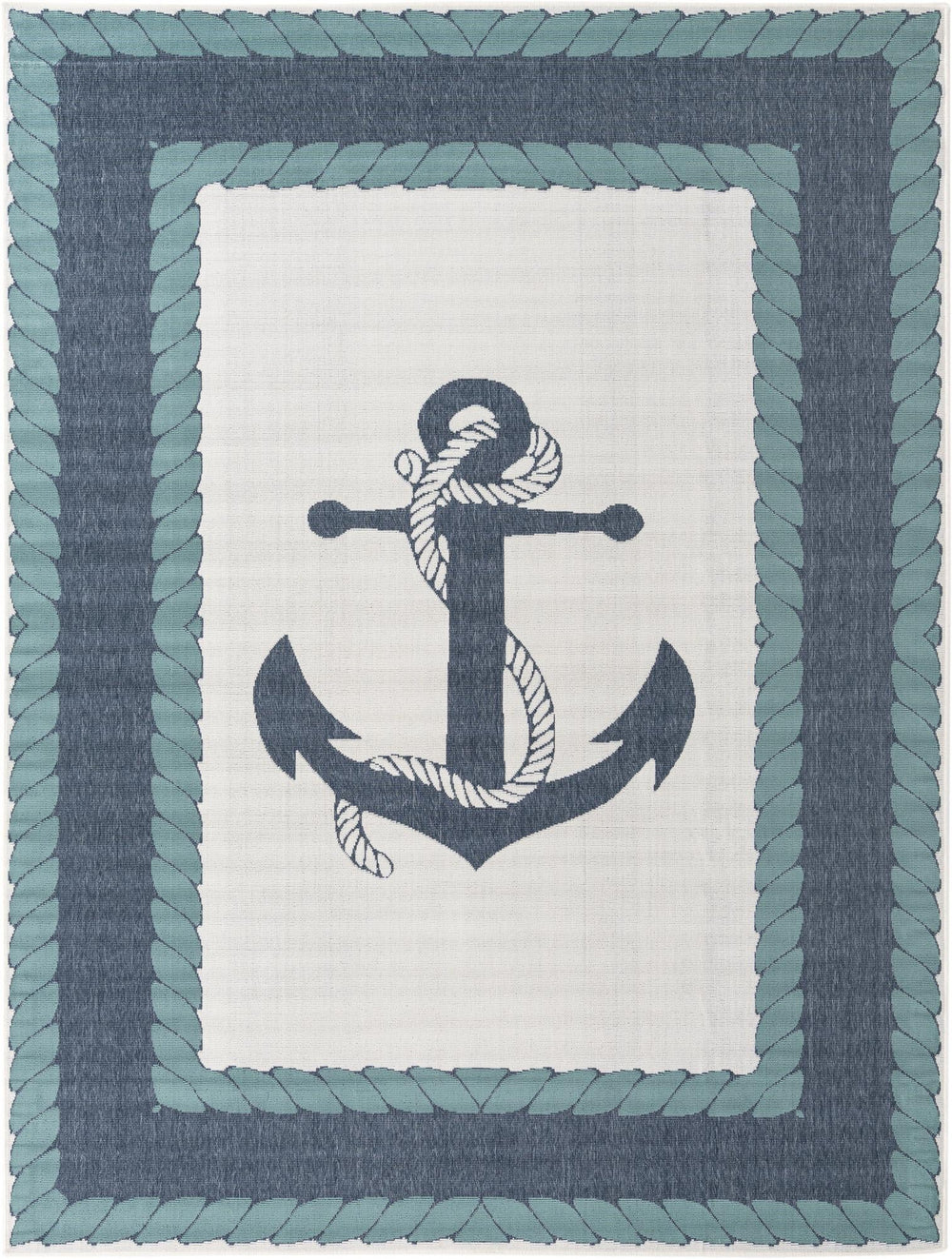 Unique Loom Outdoor Coastal Anchor Machine Made Border Rug Navy Blue, Light Blue/Ivory 7' 10" x 10' 0"