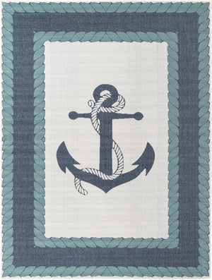 Unique Loom Outdoor Coastal Anchor Machine Made Border Rug Navy Blue, Light Blue/Ivory 7' 10" x 10' 0"