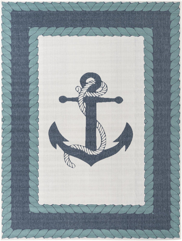 Unique Loom Outdoor Coastal Anchor Machine Made Border Rug Navy Blue, Light Blue/Ivory 7' 10" x 10' 0"