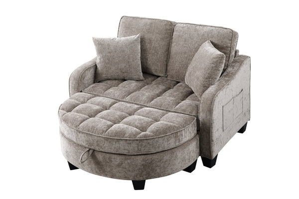 English Elm Two-Seater Chaise Longue Sofa With Irregular Armrests, Storage Footrest & Throw Pillows - Brown W487S00387-GIGA