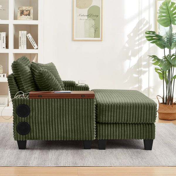 English Elm Fluffy Corduroy Storage Armrest Sofa with Ottoman, Bluetooth Speaker, USB, 180° Swivel Desk Green W3705P349931