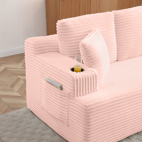 English Elm Boneless Floor Sofa Corduroy Upholstered 5 Seat Low Profile with Cup Holders for Living Room Pink W1117S00431
