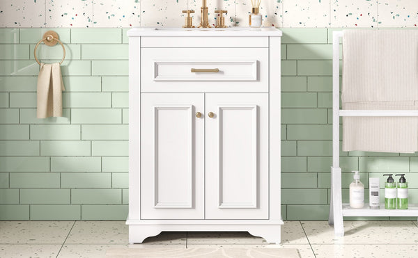 English Elm 24" Matte Single Sink Vanity Solid Poplar Frame Gold Hardware Soft Close Cabinet White N710P389449K