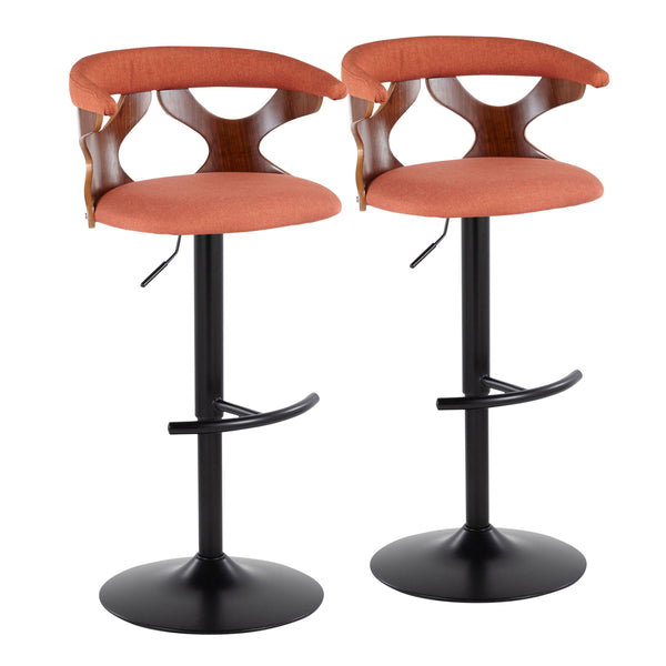 English Elm Gardenia Adjustable Barstools Set Of 2 - Contemporary Black Metal, Walnut Accents & Vibrant Orange Upholstery B202S00856