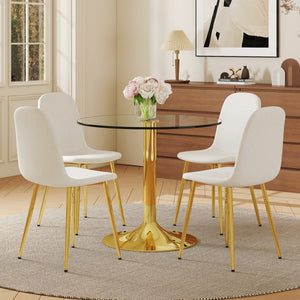 English Elm Table Set: 35" Round Transparent Glass Dining Table & 4 White Linen-Cotton Chairs With Gold Legs W1151S03701-GIGA