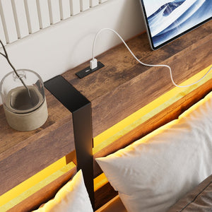 English Elm Full Metal Bed Frame with Wooden Headboard, USB Charging, RGB App Lighting, Large Under-Bed Storage Beige+Brown W840P209896