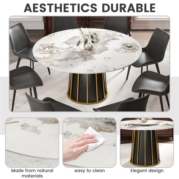 English Elm 59.05"Modern 59.05" Modern Round Dining Table With Premium Sintered Stone Top & Iron Base For 6-8 People W1535S00446