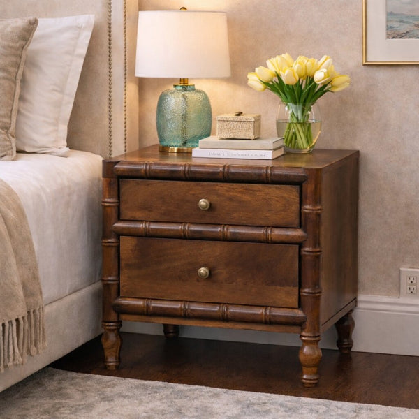 English Elm Solid Mango Wood Ribbed Nightstand with Two Drawers Warm Chestnut Bedroom Storage B182P476744