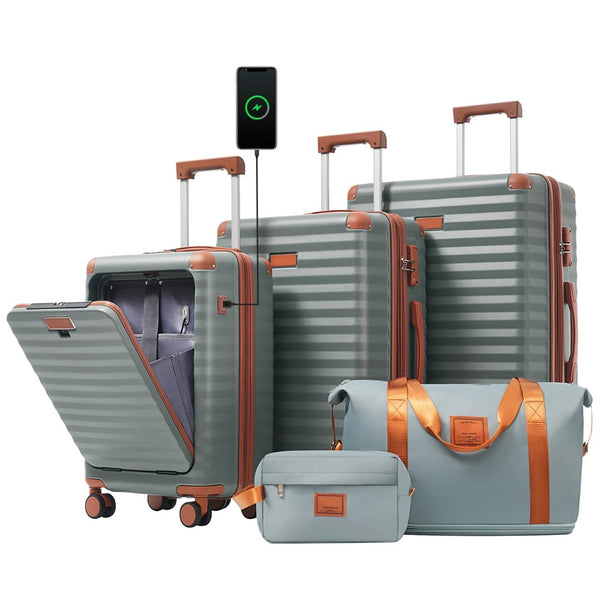 English Elm Luggage 5 Piece Abs Hardshell Travel Set with Usb Port Spinner Wheels and Tsa Lock Grey Green N732P265290Y