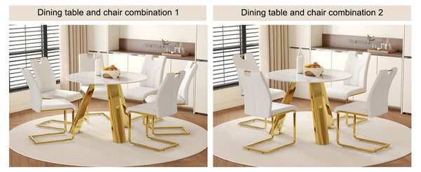 English Elm Table 7-Piece Dining Set - 42" Round Snow Mountain White Sintered Stone Table & Elegant Chairs W2920S00046-GIGA