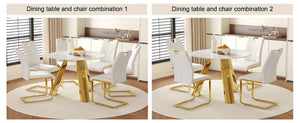 English Elm Table 5-Piece Dining Set With 42-Inch Round Snow Mountain White Top & Elegant Gold Leg Chairs W2920S00045-GIGA