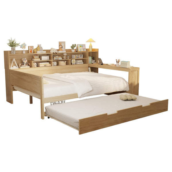 English Elm Wooden Twin Daybed with Trundle Built-in Desk and Open Shelves for Kids Rooms Natural N733S373391M