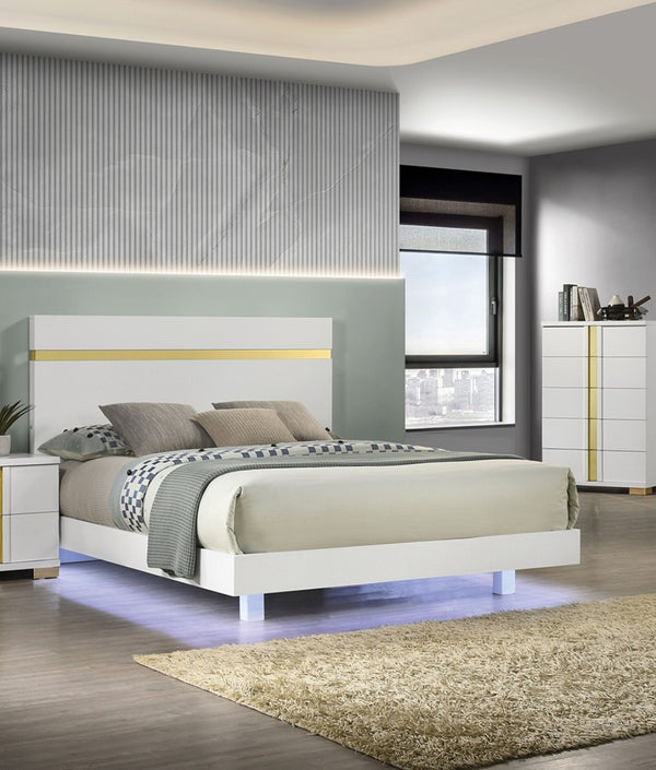 English Elm Modern 3Pc Full Size Bedroom Set With Led & Dust-Proof Nightstands – Chic White Furniture Design B2741S00181
