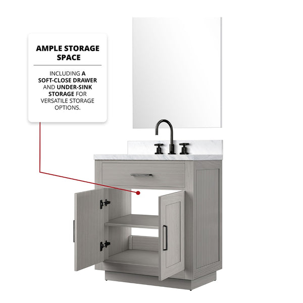 English Elm White Oak Single Bath Vanity Set With Carrara Marble Top, Mirror & Chrome Faucet - Easy Install! B2731S01951-GIGA