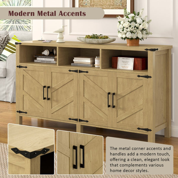 English Elm U_style 59 Inch Sideboard Buffet with Built in Power Outlets Open Cubbies Metal Accents Natural Wood N711P347407O