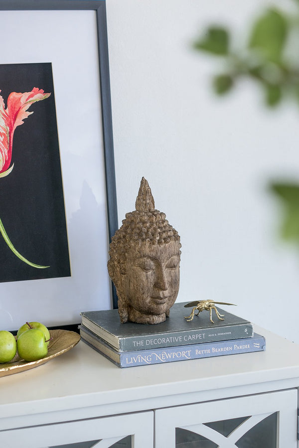 English Elm 6.5x6.3x12" Meditating Buddha Head Sculpture — Antique-Style Weathered Wood Finish, Serene Home Accent W2078P311845