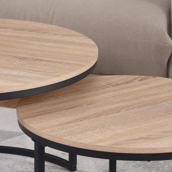 English Elm 24" Round Nesting Coffee Tables Natural Oak Mdf Top Metal Frame Modern Industrial Set W3151P412658