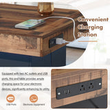 English Elm 31.4'' X 31.4'' Farmhouse Coffee Table With 2 Usb Ports and Outlets, Brown Spliced Wood Grain Center Table With Led Light, Rustic Cocktail Table With Charging Station For Living Room, Black