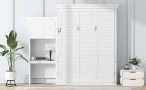 English Elm Queen Size Murphy Bed With Stylish Louvered Design, Multi-Storage Shelves, And Elegant White Finish N7090004018K-GIGA
