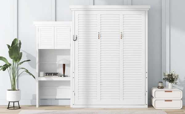 English Elm Queen Size Murphy Bed With Stylish Louvered Design, Multi-Storage Shelves, And Elegant White Finish N7090004018K-GIGA
