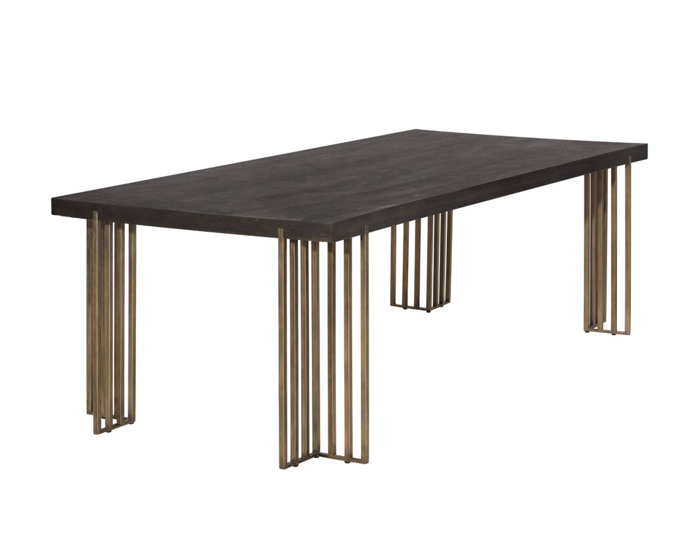 Sunpan ALTO Dining Table - 94.5" Oak Veneer with Distressed Finish, Antique Brass Legs, Seats 8 Comfortably 102947