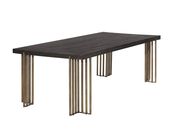 Sunpan ALTO Dining Table - 94.5" Oak Veneer with Distressed Finish, Antique Brass Legs, Seats 8 Comfortably 102947