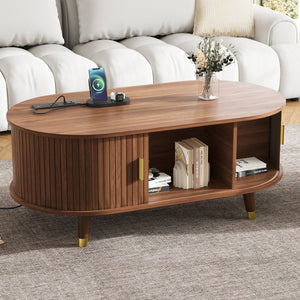 English Elm [Assembly Fluted Tambour Coffee Table with 360° Sliding Door, Built-In Charging Station & Mid-Century Flair Walnut N721P297572D