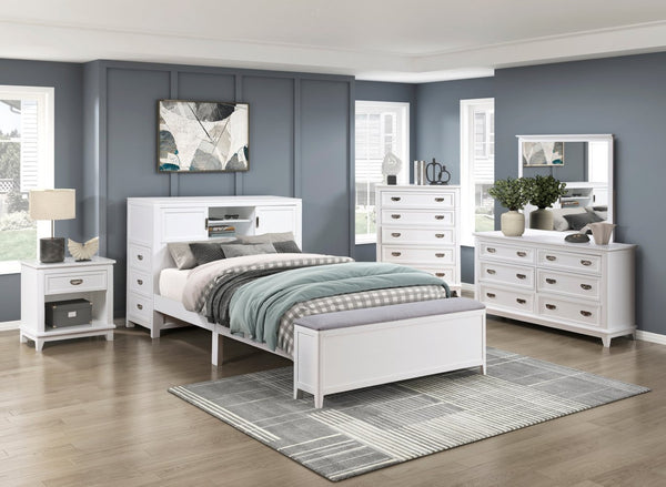English Elm Gray Full Platform Bed with Bookcase Headboard Fold Out Desk Drawers and Footboard Bench White B011S02326