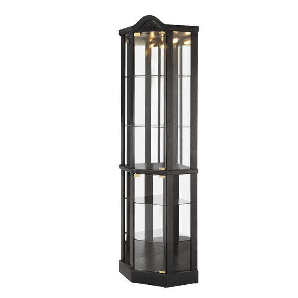 English Elm Glass Corner Curio Cabinet Lighted Dark Wood Display with Carved Crown Floral Detail W2275P292646