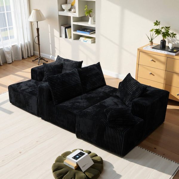 English Elm U-shaped Modular Corduroy Sectional Sofa Low Profile Design for Spacious Living Rooms Black W3653S00004