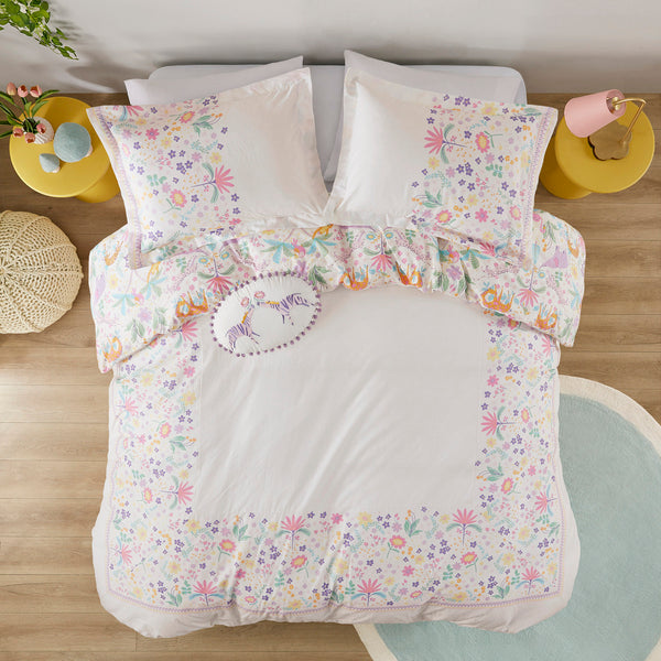 English Elm Full/Queen UHK Lulu Reversible Floral Cotton Duvet Set with Jungle Animals, Pom Pom Pillow, BCI Cotton B035P217814