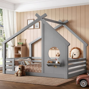 English Elm Full House Floor Bed with Roof Window and Shelf – Solid Pine Kids Loft-Style Low Bed, Durable Design Grey W1580P362698