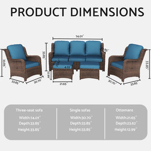 English Elm Patio Rattan Outdoor Sectional Set with 3-Seat Sofa, 2 Chairs & 2 Ottomans Cushioned Comfort Brown Grey,Peacock Blue W1710S00257