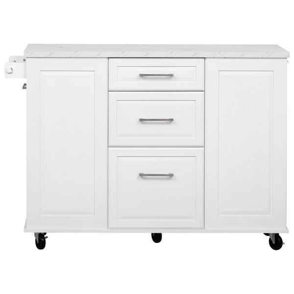 English Elm K&K Vintage Convex Kitchen Island Cart with Faux Marble Top, Tilt Trash, Pull-Out Organizer, Wheels White N707P299008W