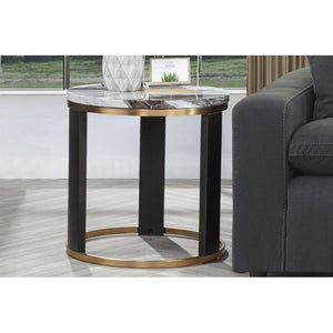English Elm 24" Icelandic Ivory Faux Marble End Table with Brass Frame and Dark Wood Legs, 24" Round Accent Table B011P355863