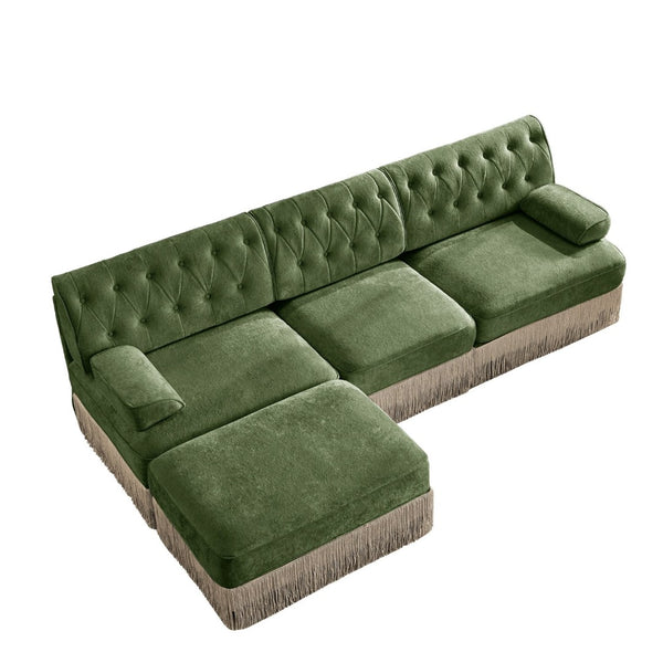 English Elm 3-seater Velvet Modular Sectional with Button Tufting Tassel Skirt and Wooden Base Green W714S01706