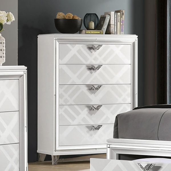 English Elm White White Finish Contemporary 1pc Chest with Art Deco Embossed Pattern, Acrylic Legs, Jewel Pulls B2741P368950