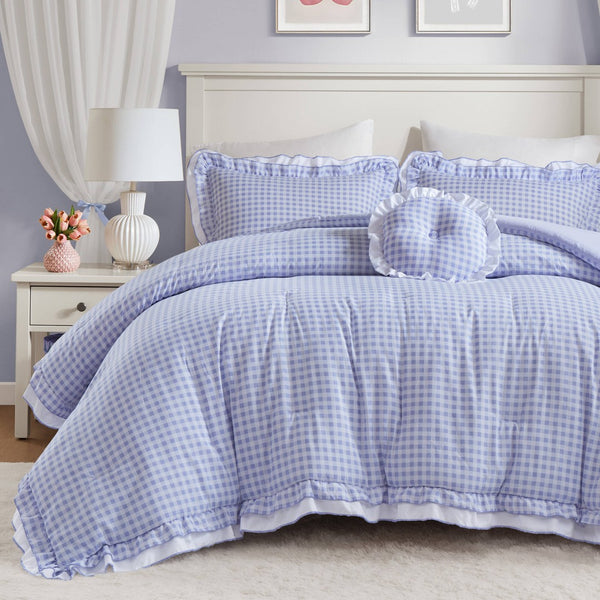 English Elm 4-piece Gingham Ruffle Comforter Set Romantic Cottage Bedroom Brushed Polyester Fill Blue B035P463186