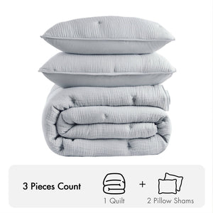 English Elm 3-piece Cotton Muslin Quilt Set Crinkled Texture Embroidered Tacking Breathable Bedding Blue B035P408345